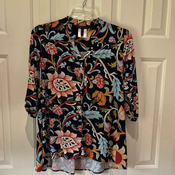 BCBG Maxazria Dark Blue Floral V Neck 3/4 Sleeve SZ S - Picture 1 of 10